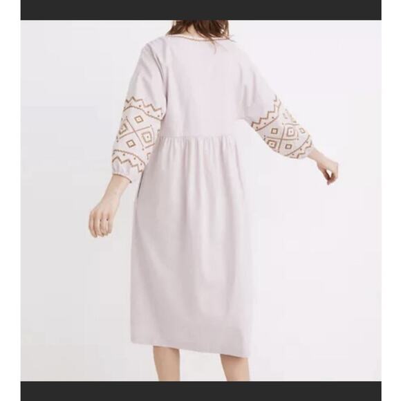 MADEWELL Embroidered Dress Popover Lagenlook Oversize Cotton Linen Pink Midi XXS - Picture 2 of 8